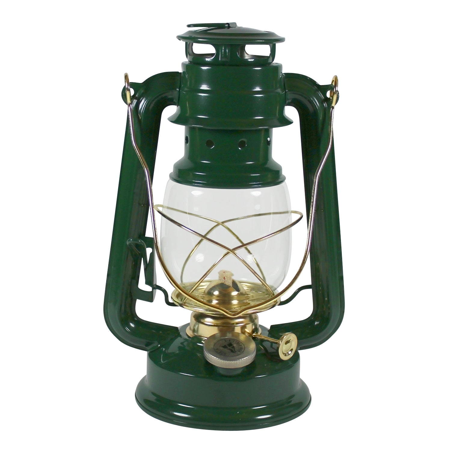 Petroleumlampe HEINZE dunkelgrün, Messingelemente, Höhe 24 cm, Sturmlaterne, Leuchtdauer 20 Stunden