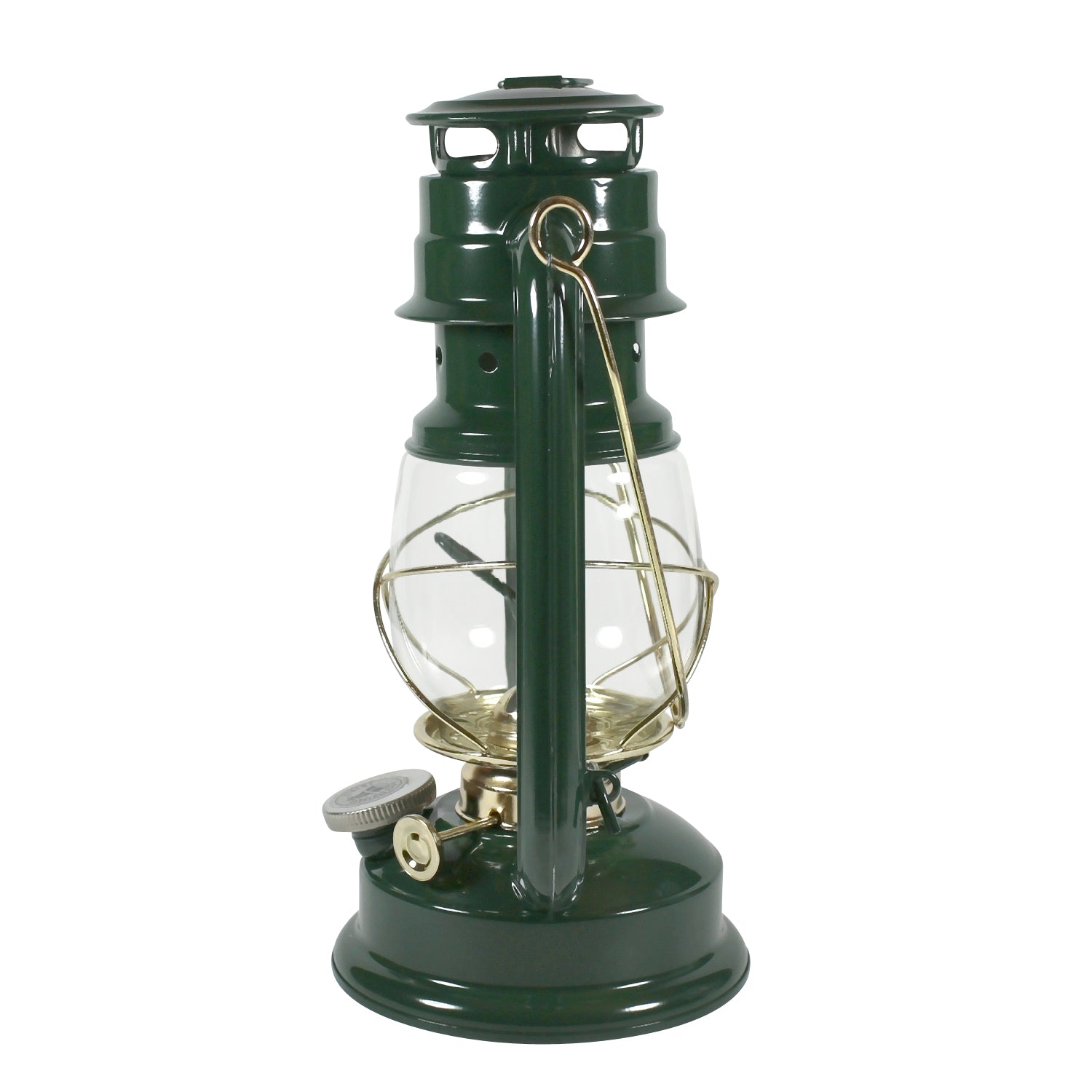 Petroleumlampe HEINZE dunkelgrün, Messingelemente, Höhe 24 cm, Sturmlaterne, Leuchtdauer 20 Stunden