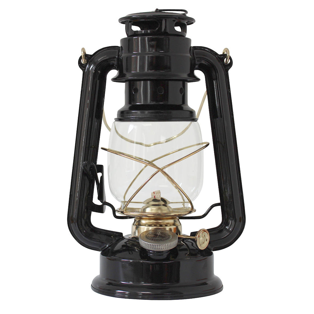 Petroleumlampe HEINZE schwarz, Messingelemente, Höhe 24 cm, Sturmlaterne, Leuchtdauer 20 Stunden (Kopie)
